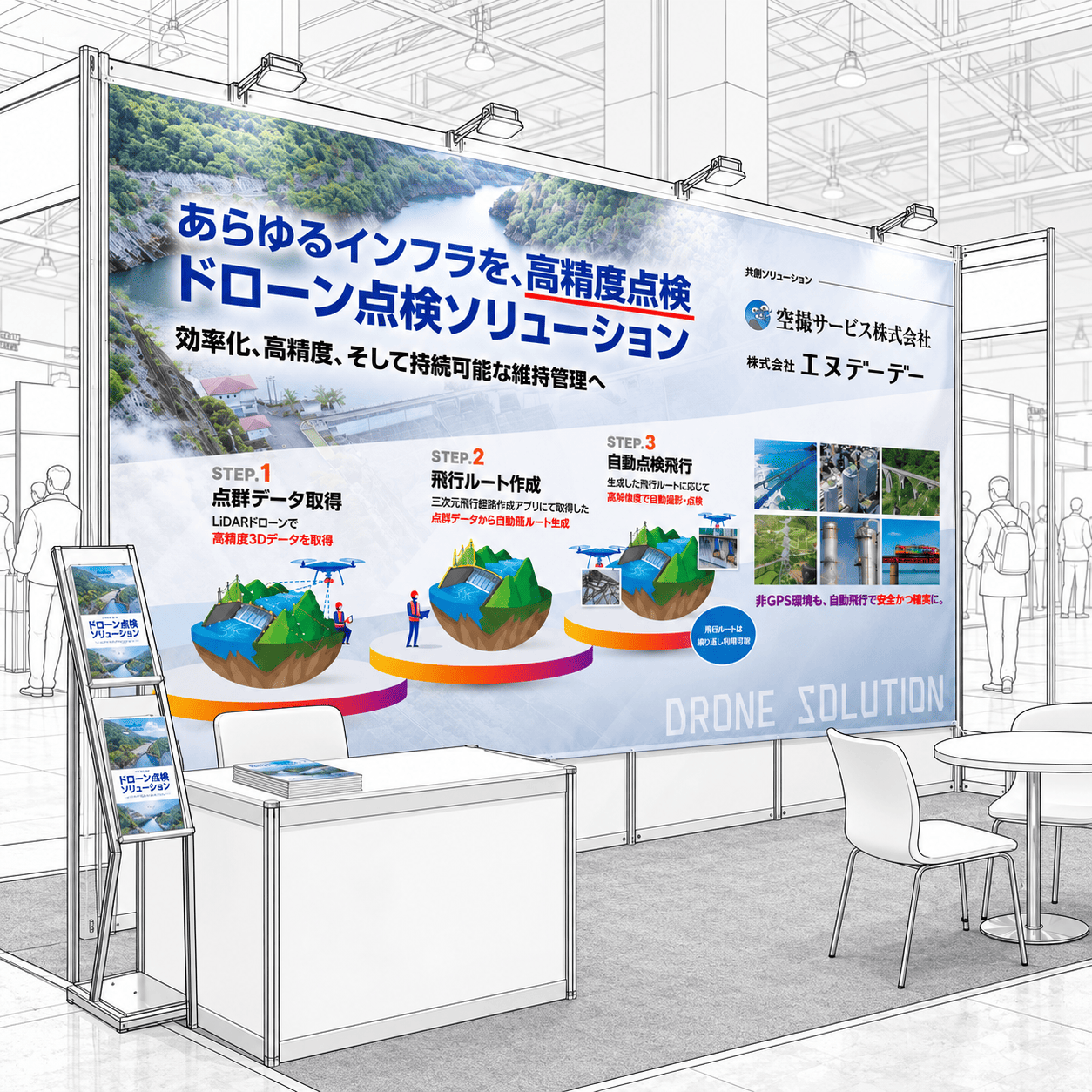 ドローン点検ソリューションを紹介する展示会ブース
